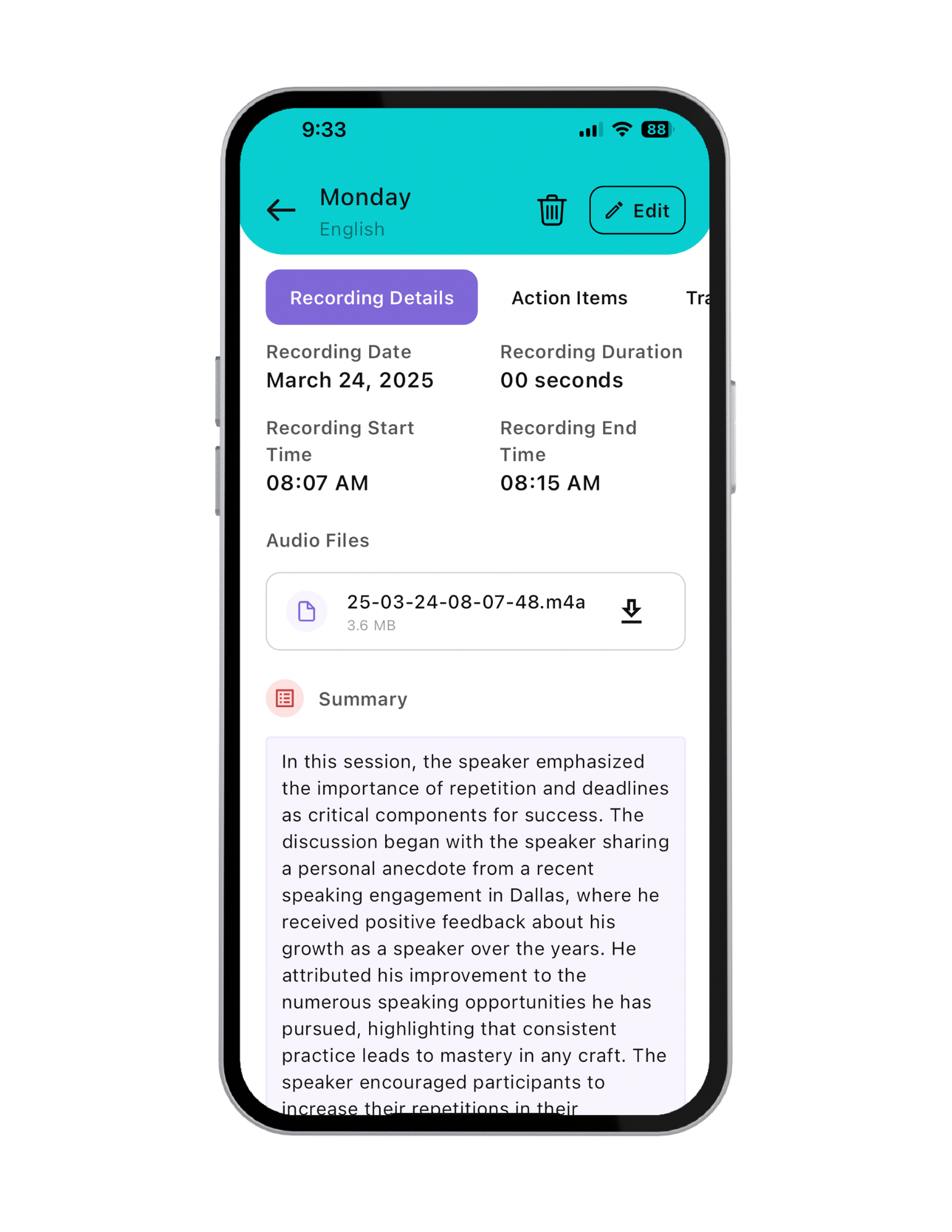 NeuroLocker AI summary screen displaying organized notes and key takeaways.