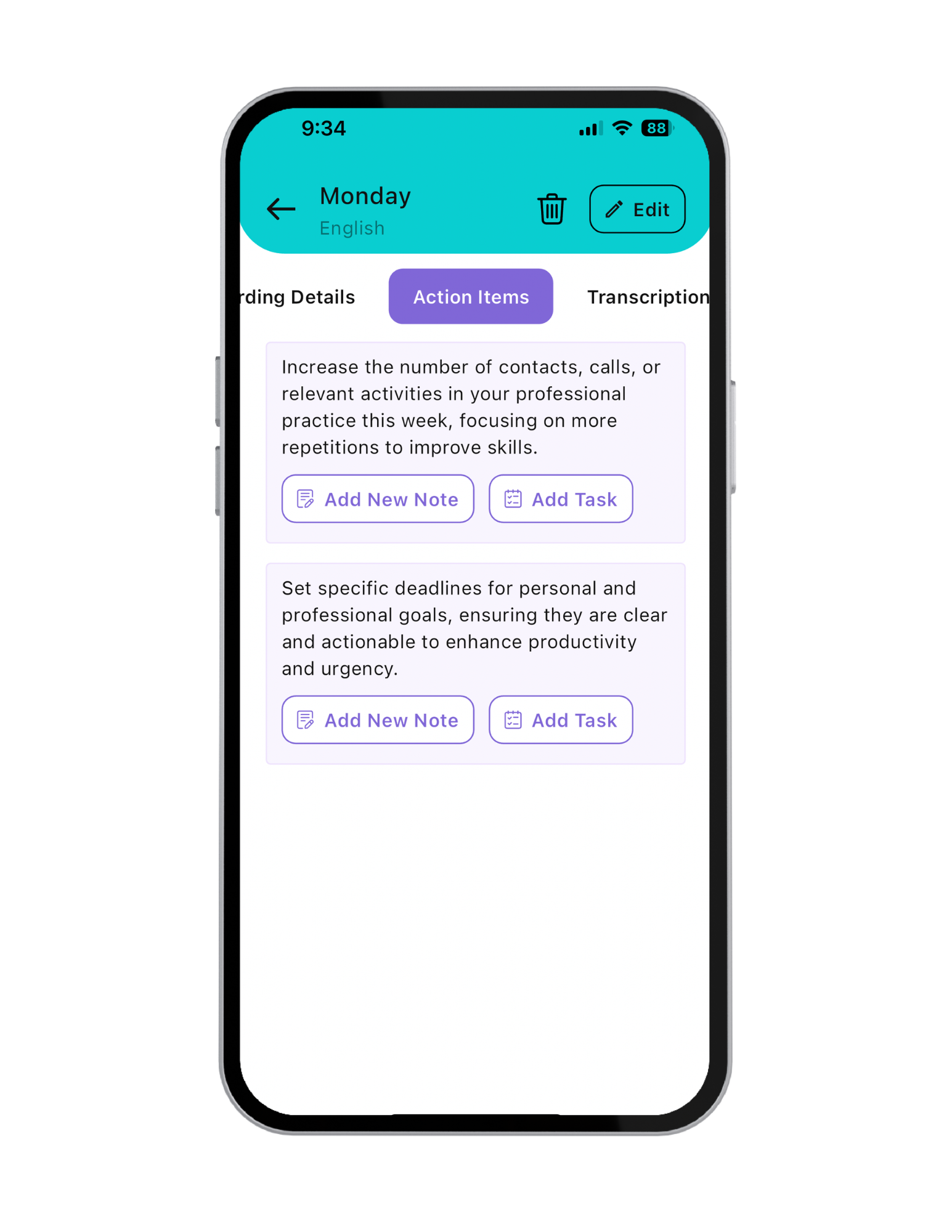 NeuroLocker AI Action Items showing suggested tasks from a recording.