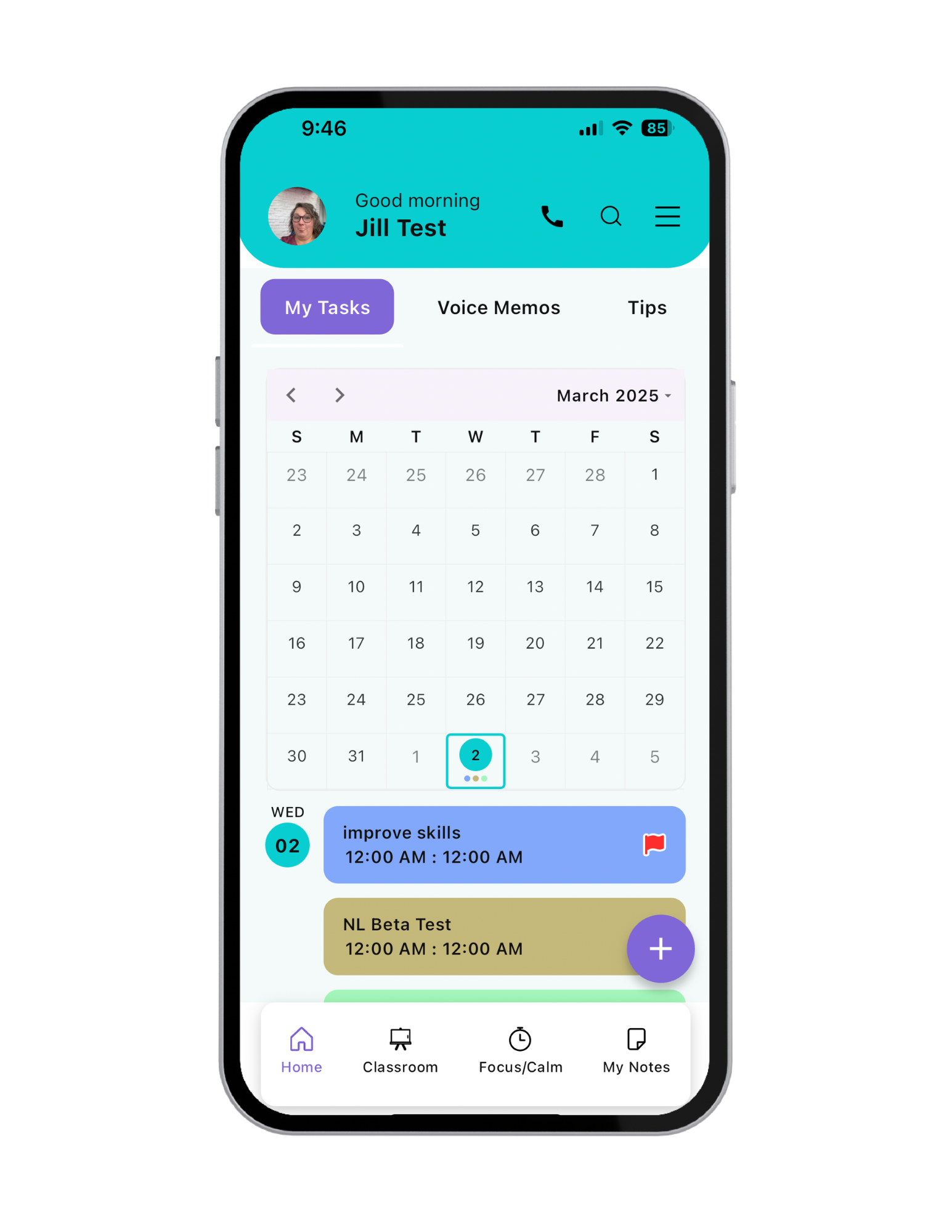 NeuroLocker calendar showing scheduled events, tasks, and reminders.