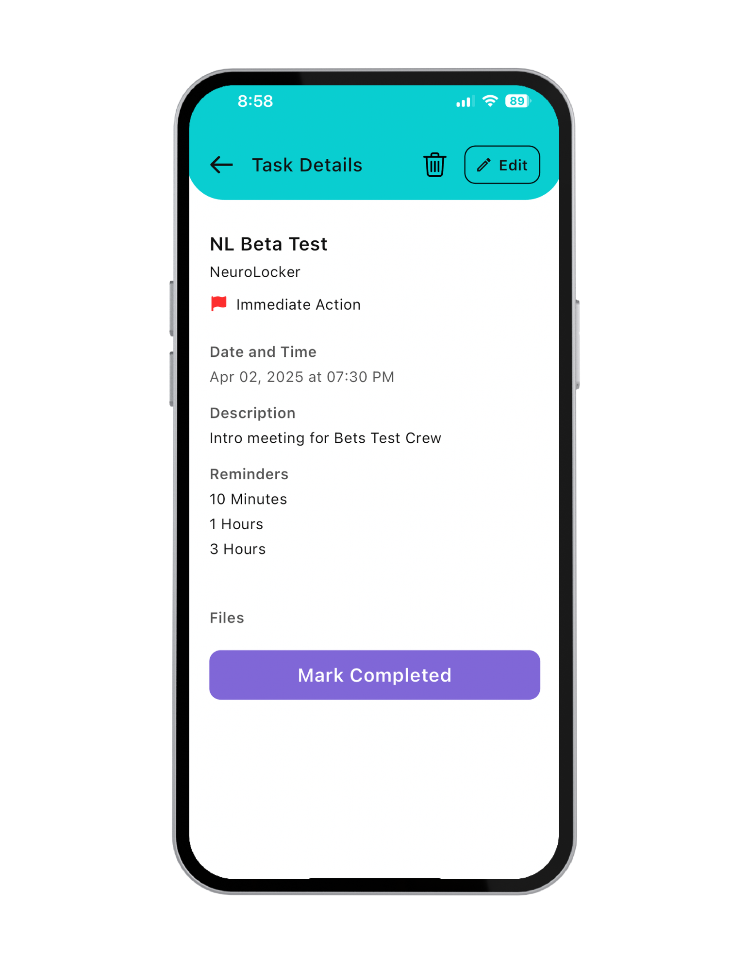 NeuroLocker task list showing organized responsibilities and priorities.