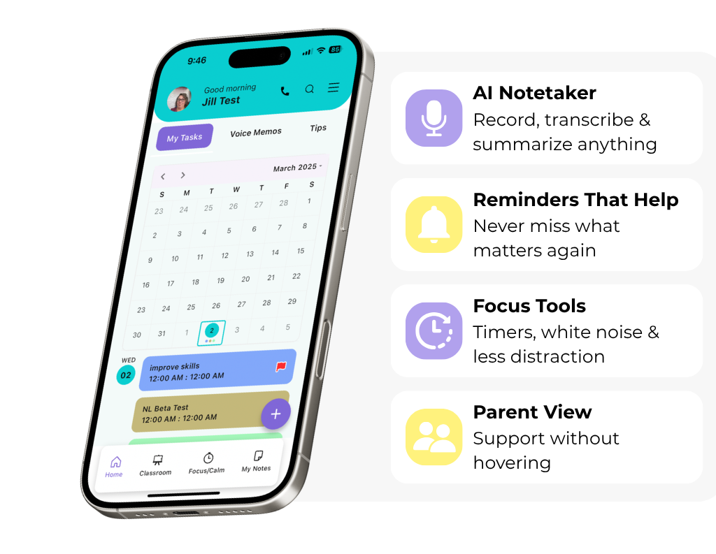Mockup of the NeuroLocker mobile app displaying a calendar and key features including AI notetaker, reminders, focus tools, and parent support.
