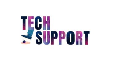 The words Tech Support with a foot coming down from the "e" in tech support to squish a bug