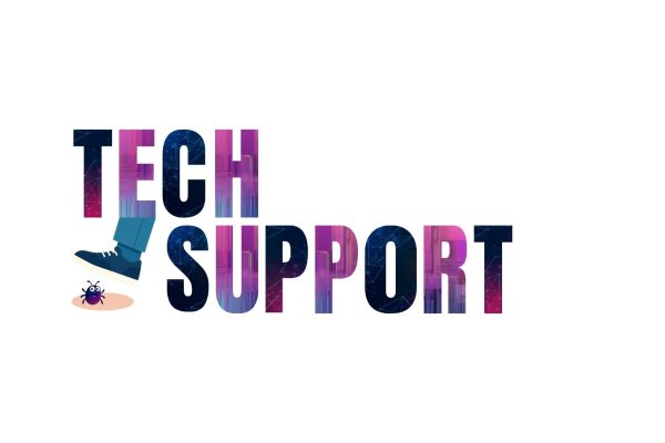 The words Tech Support with a foot coming down from the "e" in tech support to squish a bug